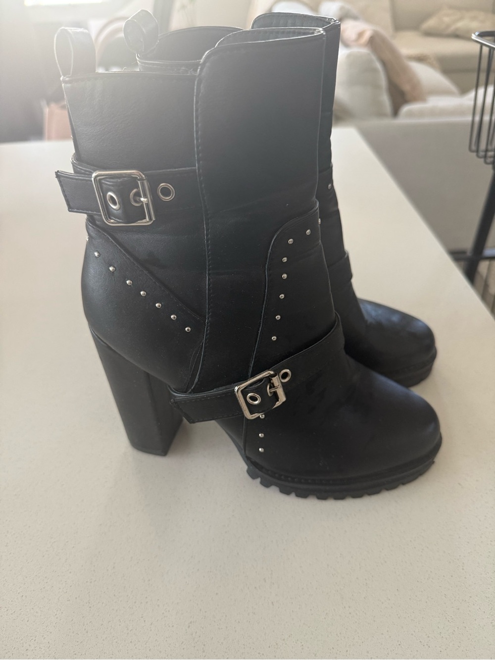 Krush Black Studded Buckle Chunky Heel Ankle Boots